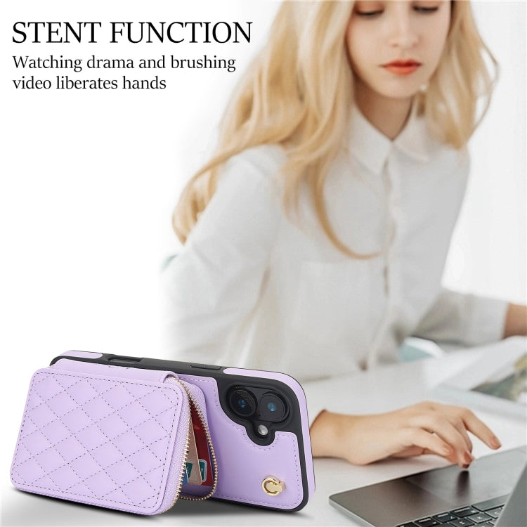 For iPhone 16 Plus AwQuer Crossbody Zipper Wallet Rhombic Leather Back Phone Case(Purple) by Awquer