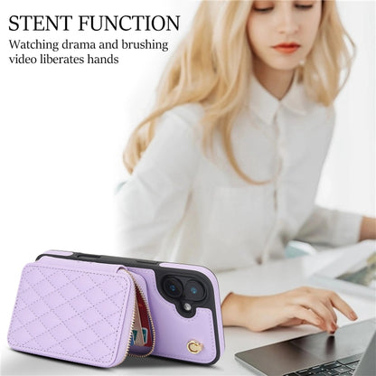 For iPhone 16 Plus AwQuer Crossbody Zipper Wallet Rhombic Leather Back Phone Case(Purple) by Awquer