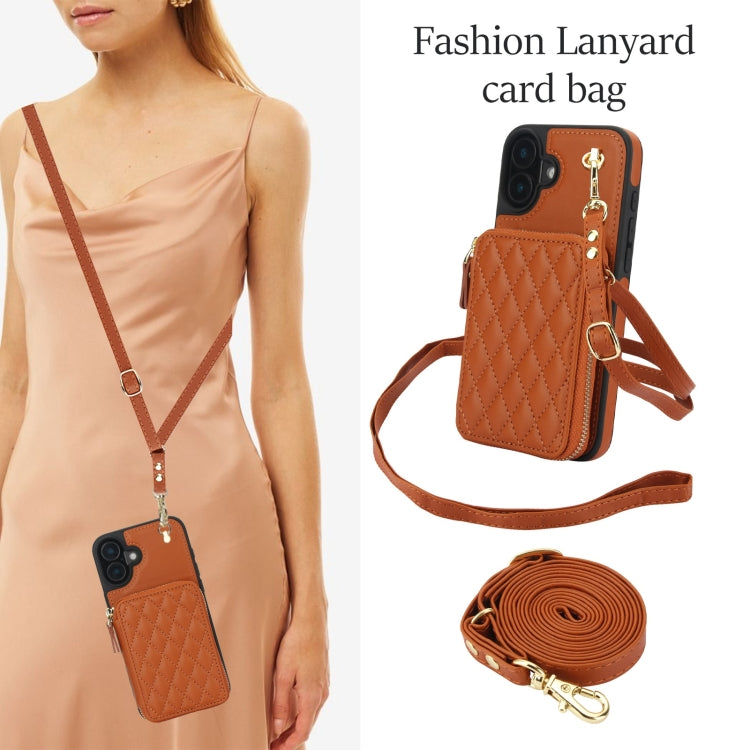 For iPhone 16 Plus AwQuer Crossbody Zipper Wallet Rhombic Leather Back Phone Case(Brown) by Awquer
