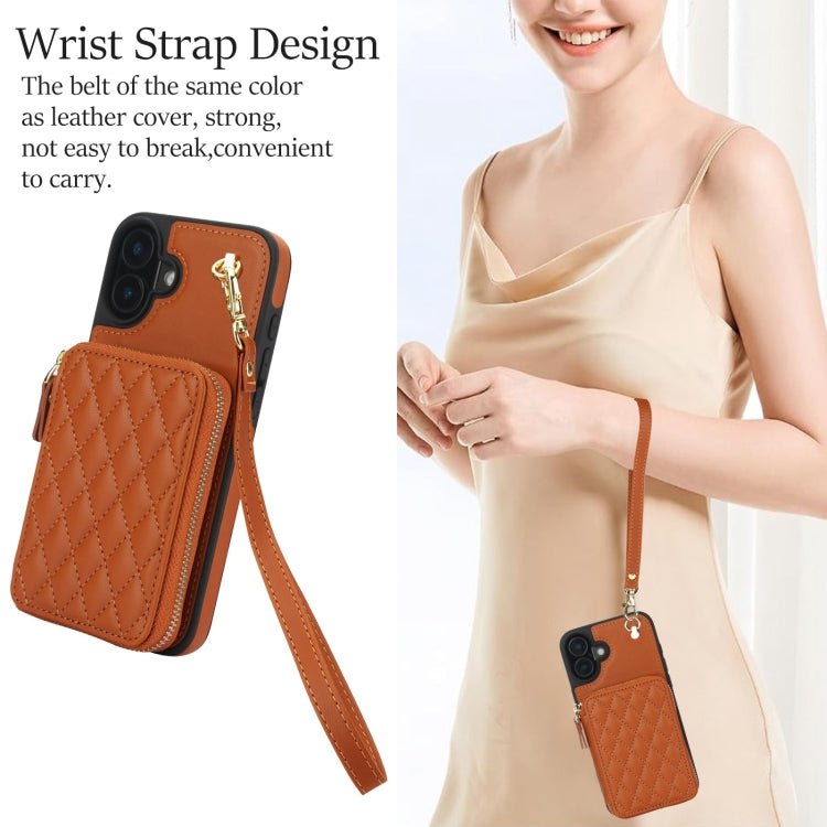 For iPhone 16 Plus AwQuer Crossbody Zipper Wallet Rhombic Leather Back Phone Case(Brown) by Awquer