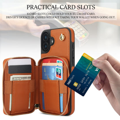 For iPhone 16 Plus AwQuer Crossbody Zipper Wallet Rhombic Leather Back Phone Case(Brown) by Awquer