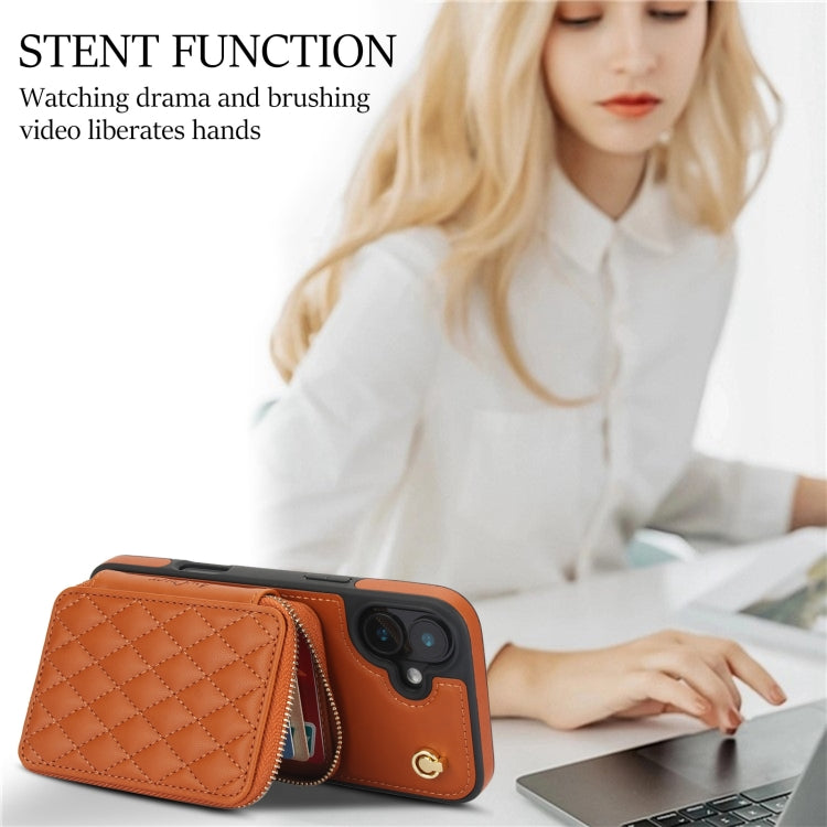 For iPhone 16 Plus AwQuer Crossbody Zipper Wallet Rhombic Leather Back Phone Case(Brown) by Awquer