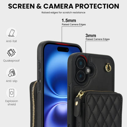 For iPhone 16 AwQuer Crossbody Zipper Wallet Rhombic Leather Back Phone Case(Black) by Awquer