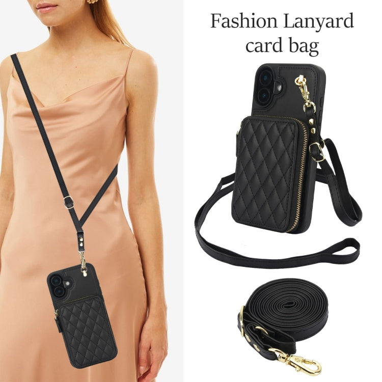 For iPhone 16 AwQuer Crossbody Zipper Wallet Rhombic Leather Back Phone Case(Black) by Awquer