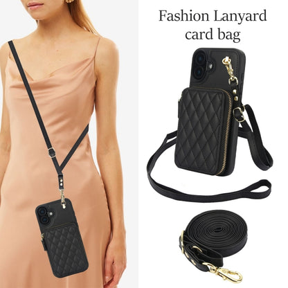 For iPhone 16 AwQuer Crossbody Zipper Wallet Rhombic Leather Back Phone Case(Black) by Awquer