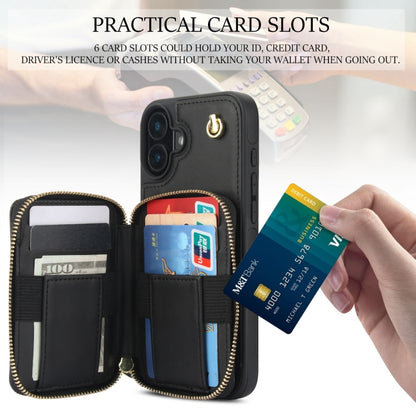 For iPhone 16 AwQuer Crossbody Zipper Wallet Rhombic Leather Back Phone Case(Black) by Awquer