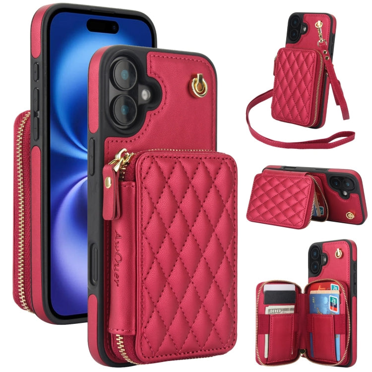 For iPhone 16 AwQuer Crossbody Zipper Wallet Rhombic Leather Back Phone Case(Red) by Awquer