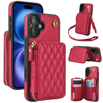 For iPhone 16 AwQuer Crossbody Zipper Wallet Rhombic Leather Back Phone Case(Red) by Awquer