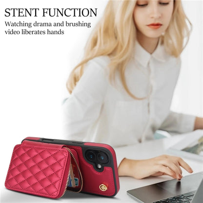 For iPhone 16 AwQuer Crossbody Zipper Wallet Rhombic Leather Back Phone Case(Red) by Awquer