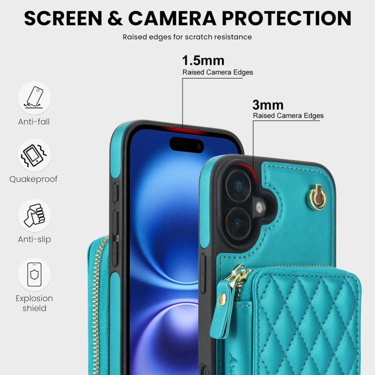 For iPhone 16 AwQuer Crossbody Zipper Wallet Rhombic Leather Back Phone Case(Green) by Awquer