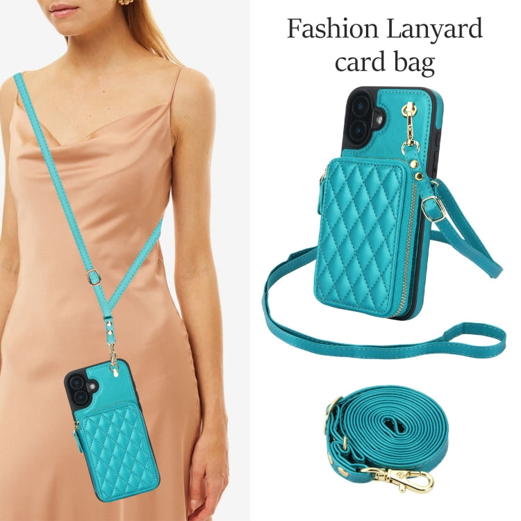 For iPhone 16 AwQuer Crossbody Zipper Wallet Rhombic Leather Back Phone Case(Green) by Awquer