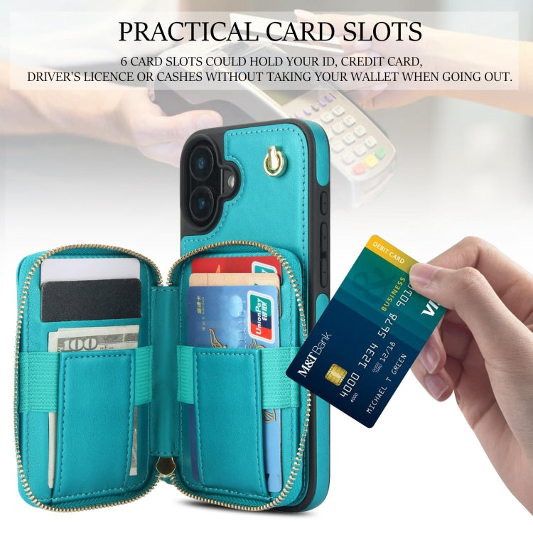 For iPhone 16 AwQuer Crossbody Zipper Wallet Rhombic Leather Back Phone Case(Green) by Awquer