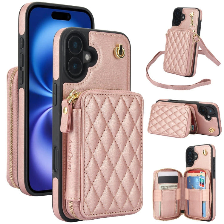 For iPhone 16 AwQuer Crossbody Zipper Wallet Rhombic Leather Back Phone Case(Rose Gold) by Awquer