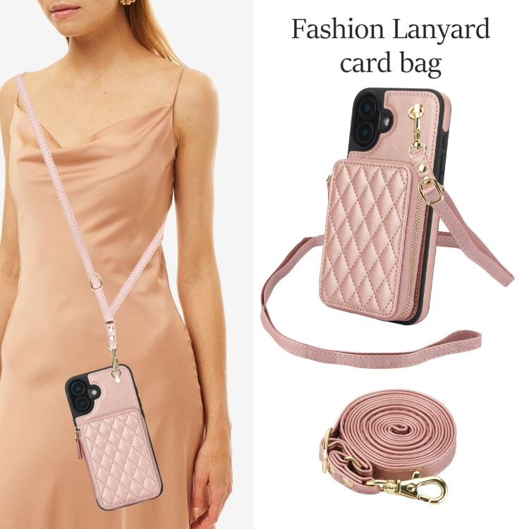 For iPhone 16 AwQuer Crossbody Zipper Wallet Rhombic Leather Back Phone Case(Rose Gold) by Awquer