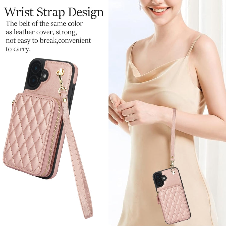 For iPhone 16 AwQuer Crossbody Zipper Wallet Rhombic Leather Back Phone Case(Rose Gold) by Awquer