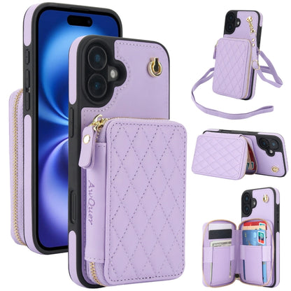 For iPhone 16 AwQuer Crossbody Zipper Wallet Rhombic Leather Back Phone Case(Purple) by Awquer