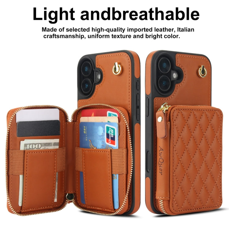 For iPhone 16 AwQuer Crossbody Zipper Wallet Rhombic Leather Back Phone Case(Brown) by Awquer