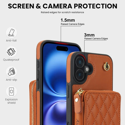 For iPhone 16 AwQuer Crossbody Zipper Wallet Rhombic Leather Back Phone Case(Brown) by Awquer