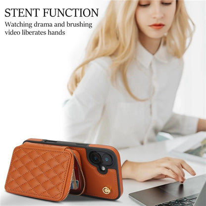 For iPhone 16 AwQuer Crossbody Zipper Wallet Rhombic Leather Back Phone Case(Brown) by Awquer