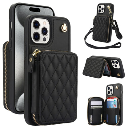 For iPhone 15 Pro Max AwQuer Crossbody Zipper Wallet Rhombic Leather Back Phone Case(Black) by Awquer