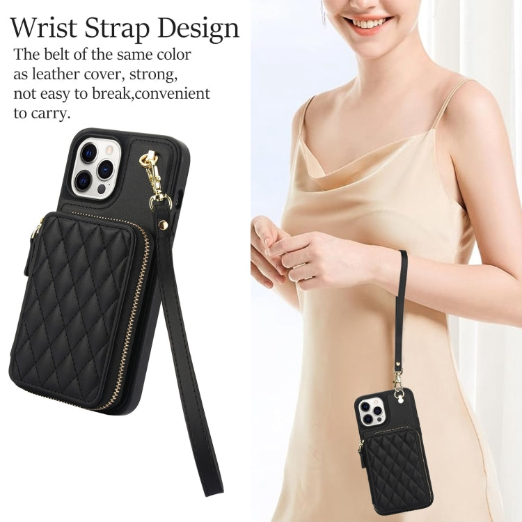 For iPhone 15 Pro Max AwQuer Crossbody Zipper Wallet Rhombic Leather Back Phone Case(Black) by Awquer