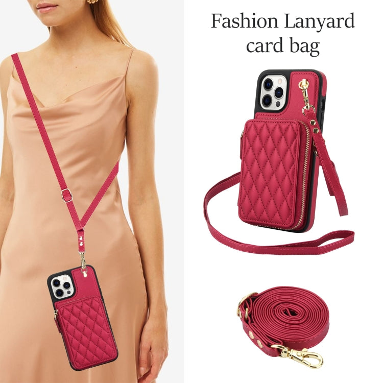 For iPhone 15 Pro Max AwQuer Crossbody Zipper Wallet Rhombic Leather Back Phone Case(Red) by Awquer