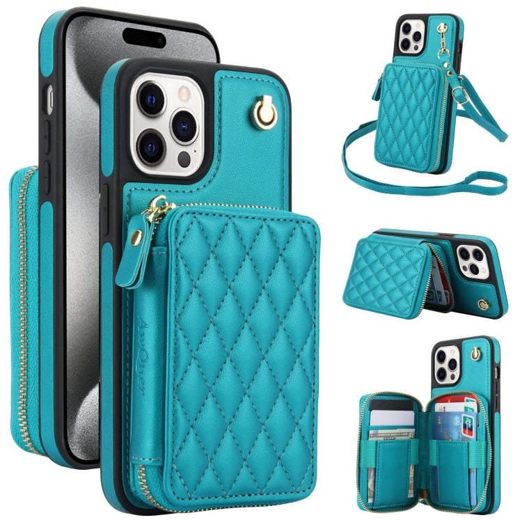 For iPhone 15 Pro Max AwQuer Crossbody Zipper Wallet Rhombic Leather Back Phone Case(Green) by Awquer