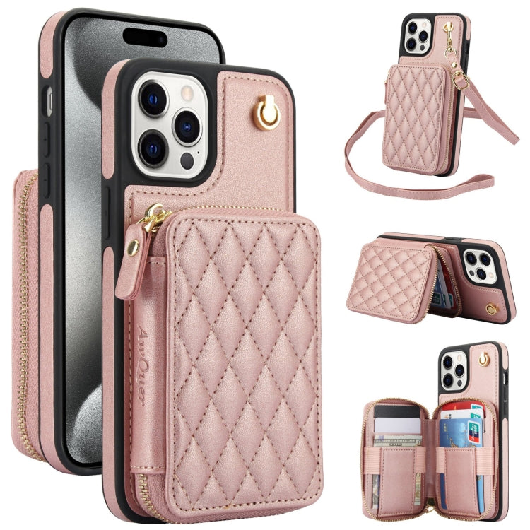 For iPhone 15 Pro Max AwQuer Crossbody Zipper Wallet Rhombic Leather Back Phone Case(Rose Gold) by Awquer