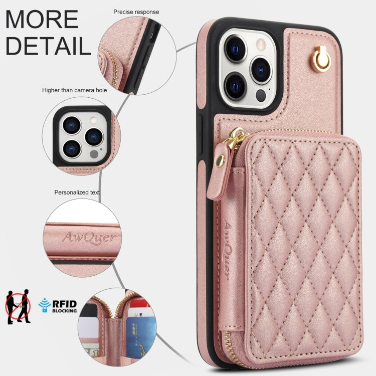 For iPhone 15 Pro Max AwQuer Crossbody Zipper Wallet Rhombic Leather Back Phone Case(Rose Gold) by Awquer