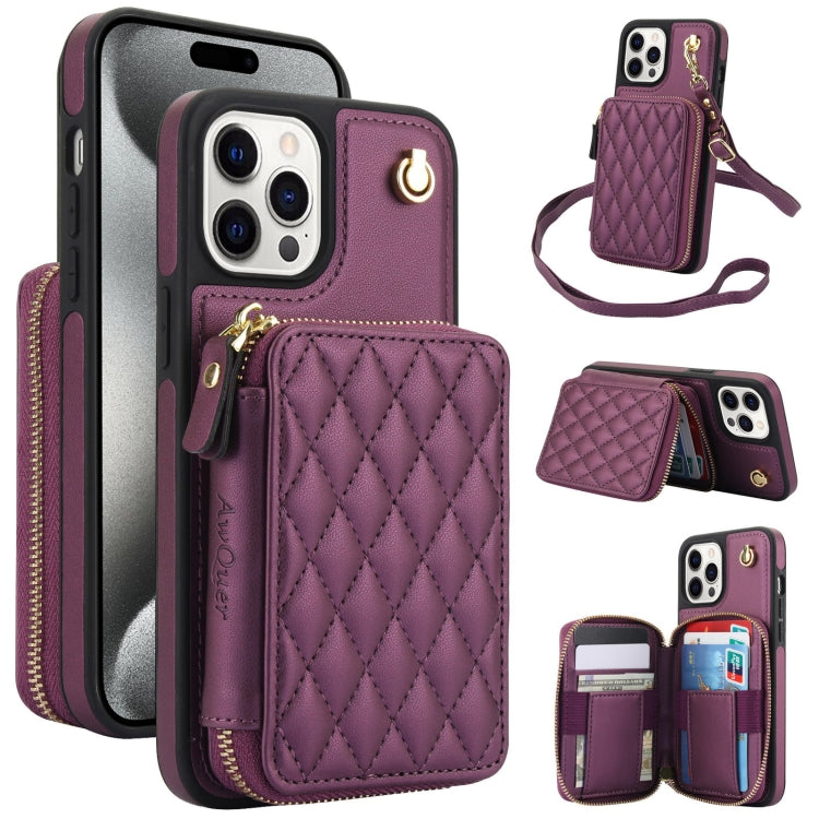 For iPhone 15 Pro Max AwQuer Crossbody Zipper Wallet Rhombic Leather Back Phone Case(Dark Purple) by Awquer