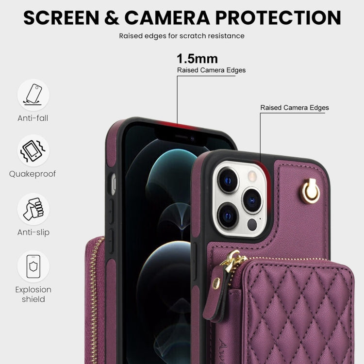 For iPhone 15 Pro Max AwQuer Crossbody Zipper Wallet Rhombic Leather Back Phone Case(Dark Purple) by Awquer