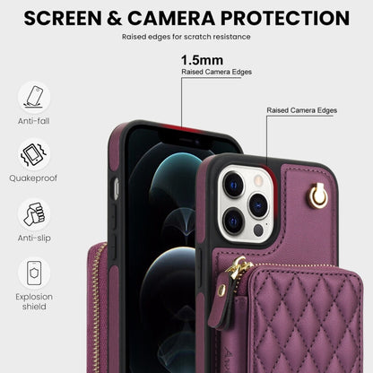 For iPhone 15 Pro Max AwQuer Crossbody Zipper Wallet Rhombic Leather Back Phone Case(Dark Purple) by Awquer