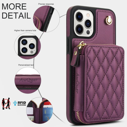 For iPhone 15 Pro Max AwQuer Crossbody Zipper Wallet Rhombic Leather Back Phone Case(Dark Purple) by Awquer