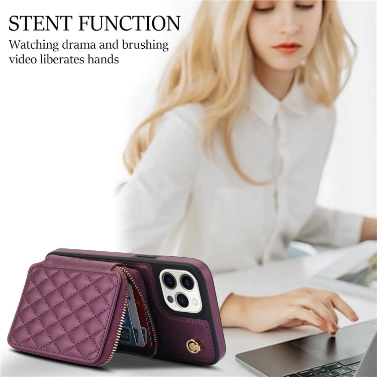 For iPhone 15 Pro Max AwQuer Crossbody Zipper Wallet Rhombic Leather Back Phone Case(Dark Purple) by Awquer