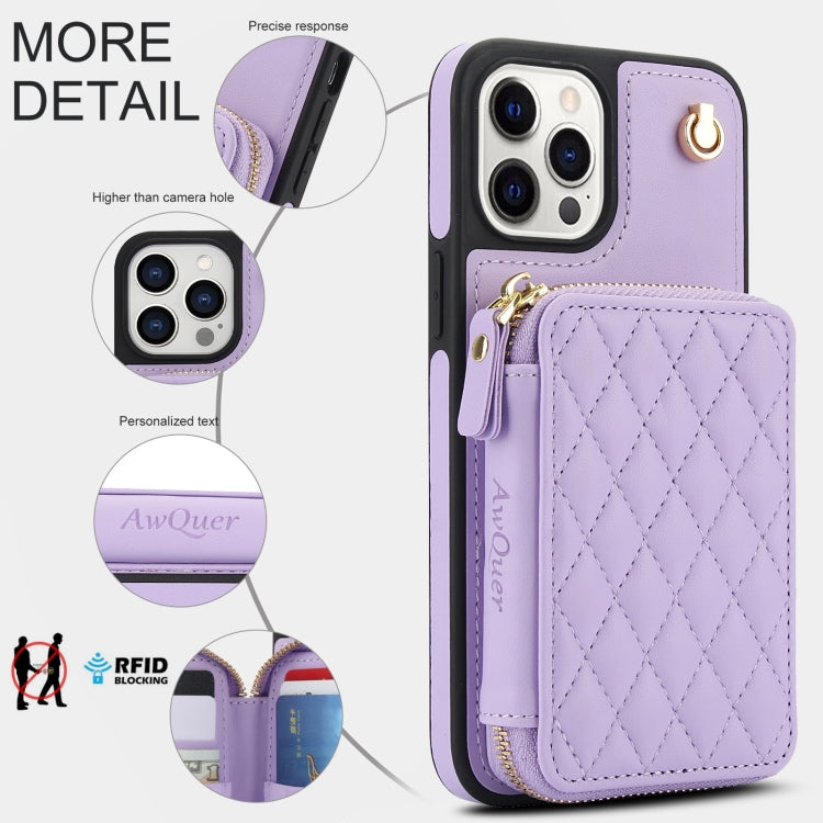 For iPhone 15 Pro Max AwQuer Crossbody Zipper Wallet Rhombic Leather Back Phone Case(Purple) by Awquer