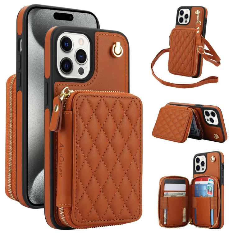 For iPhone 15 Pro Max AwQuer Crossbody Zipper Wallet Rhombic Leather Back Phone Case(Brown) by Awquer