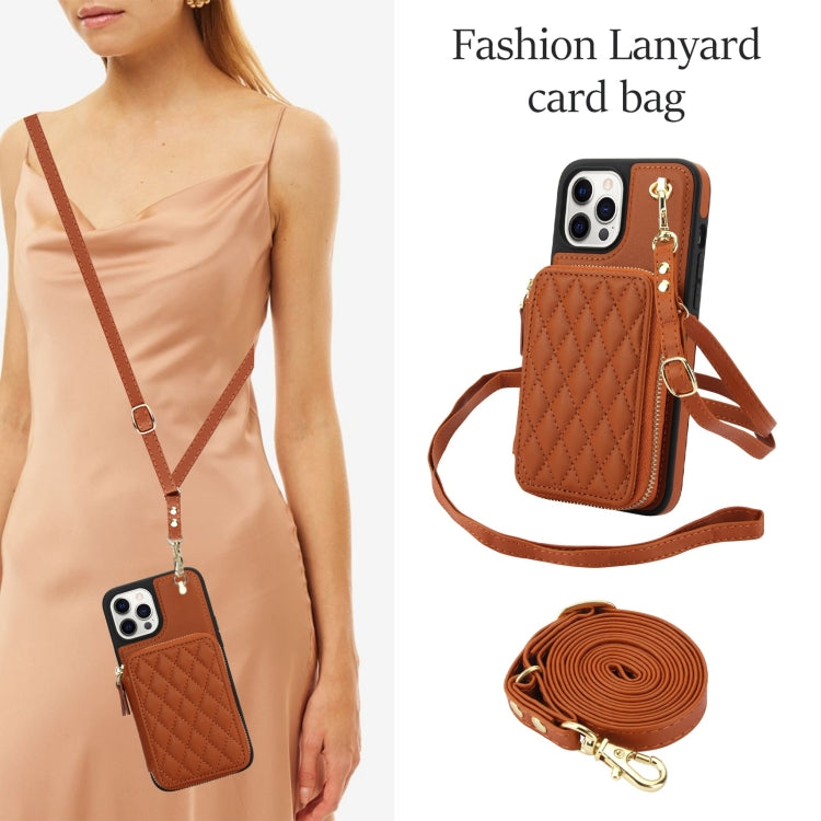 For iPhone 15 Pro Max AwQuer Crossbody Zipper Wallet Rhombic Leather Back Phone Case(Brown) by Awquer