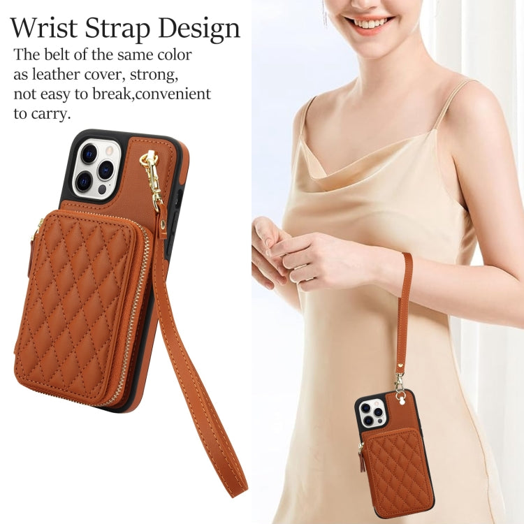 For iPhone 15 Pro Max AwQuer Crossbody Zipper Wallet Rhombic Leather Back Phone Case(Brown) by Awquer