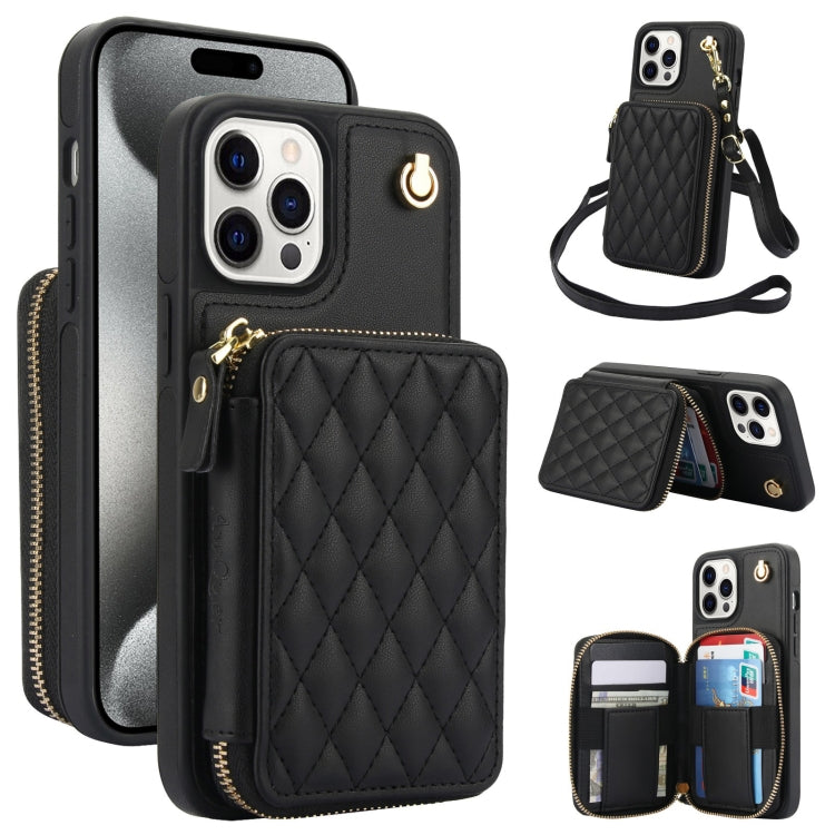For iPhone 15 Pro AwQuer Crossbody Zipper Wallet Rhombic Leather Back Phone Case(Black) by Awquer