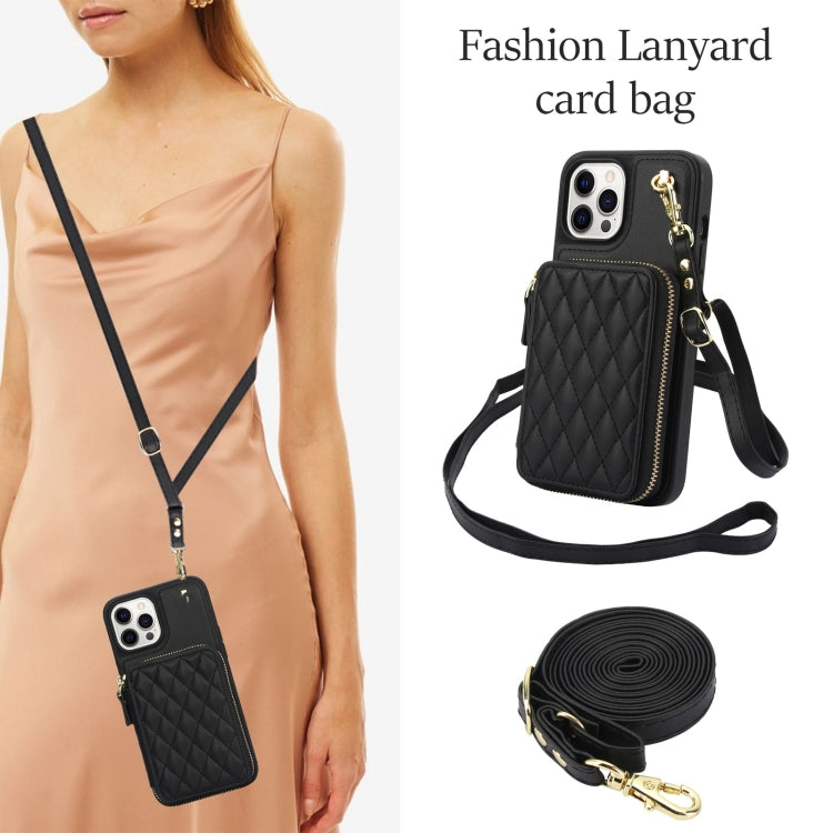 For iPhone 15 Pro AwQuer Crossbody Zipper Wallet Rhombic Leather Back Phone Case(Black) by Awquer