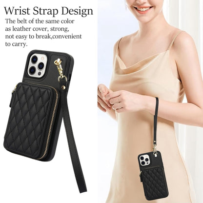 For iPhone 15 Pro AwQuer Crossbody Zipper Wallet Rhombic Leather Back Phone Case(Black) by Awquer