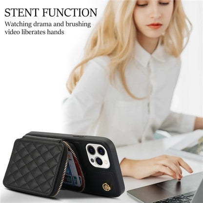 For iPhone 15 Pro AwQuer Crossbody Zipper Wallet Rhombic Leather Back Phone Case(Black) by Awquer