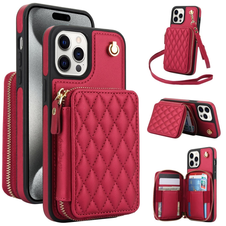For iPhone 15 Pro AwQuer Crossbody Zipper Wallet Rhombic Leather Back Phone Case(Red) by Awquer