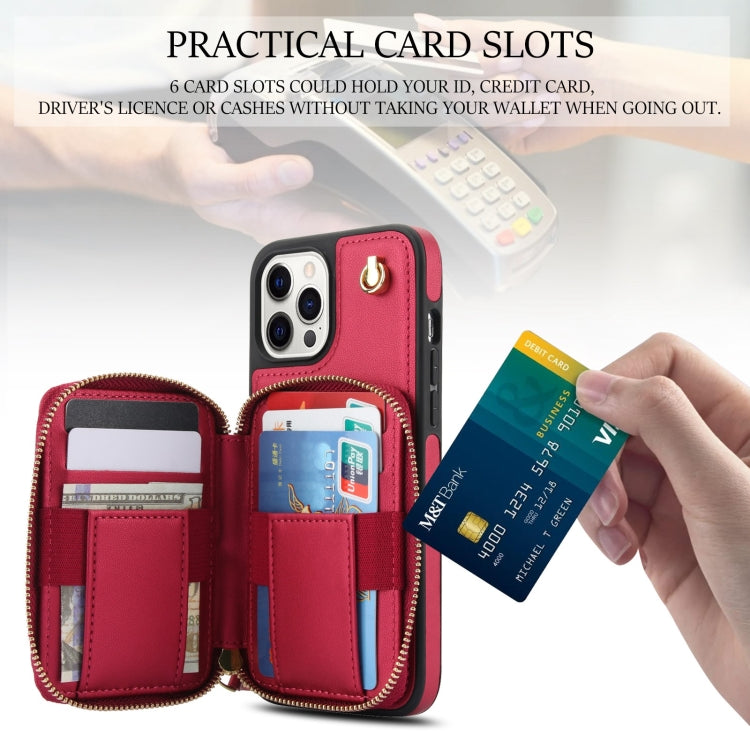 For iPhone 15 Pro AwQuer Crossbody Zipper Wallet Rhombic Leather Back Phone Case(Red) by Awquer