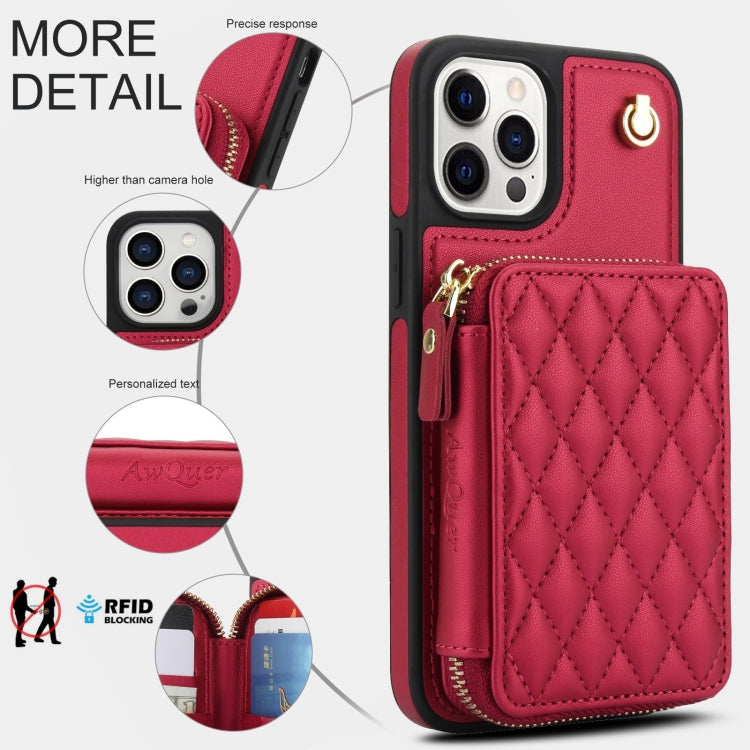 For iPhone 15 Pro AwQuer Crossbody Zipper Wallet Rhombic Leather Back Phone Case(Red) by Awquer