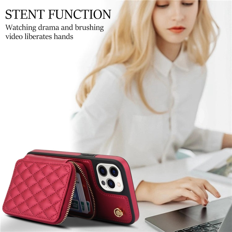 For iPhone 15 Pro AwQuer Crossbody Zipper Wallet Rhombic Leather Back Phone Case(Red) by Awquer