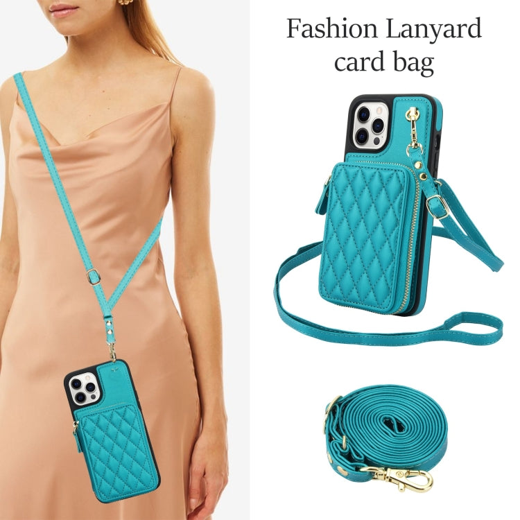 For iPhone 15 Pro AwQuer Crossbody Zipper Wallet Rhombic Leather Back Phone Case(Green) by Awquer