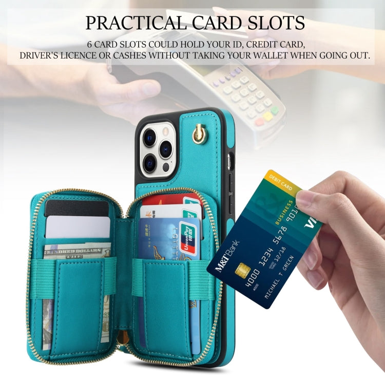 For iPhone 15 Pro AwQuer Crossbody Zipper Wallet Rhombic Leather Back Phone Case(Green) by Awquer