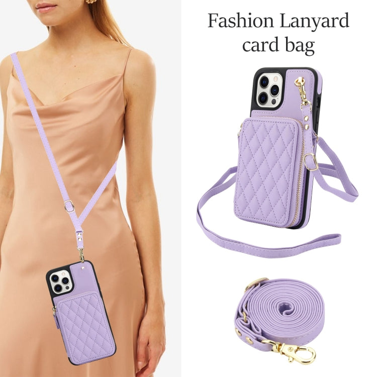 For iPhone 15 Pro AwQuer Crossbody Zipper Wallet Rhombic Leather Back Phone Case(Purple) by Awquer