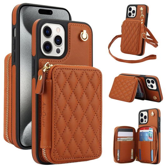 For iPhone 15 Pro AwQuer Crossbody Zipper Wallet Rhombic Leather Back Phone Case(Brown) by Awquer